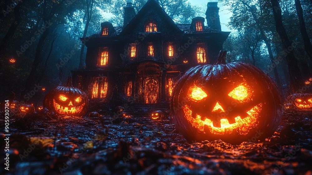 Glowing Jack-o'-Lanterns in Front of a Creepy Haunted House in a Dark Forest Glowing Jack-o'-Lanterns in Front of a Creepy Haunted House in a Dark Forest