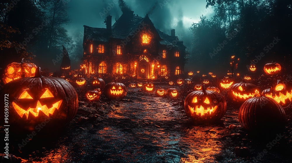 Haunted Mansion with Glowing Jack-o'-Lanterns in a Foggy Forest