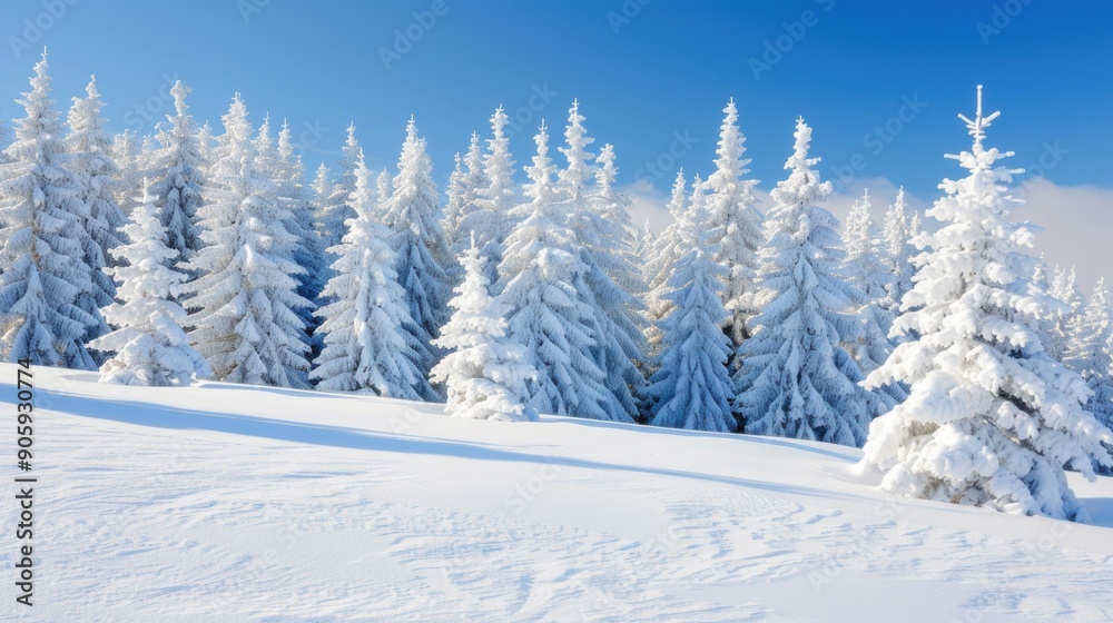 Lush pine trees covered in snow create a serene winter landscape under a bright blue sky Lush pine trees covered in snow create a serene winter landscape under a bright blue sky