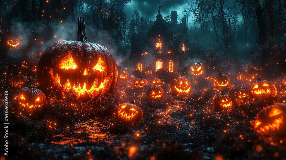 Glowing Jack-o'-Lanterns in a Spooky Forest with a Haunted House Glowing Jack-o'-Lanterns in a Spooky Forest with a Haunted House