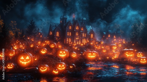 Spooky Halloween Night with Jack-O-Lanterns and Haunted Mansion