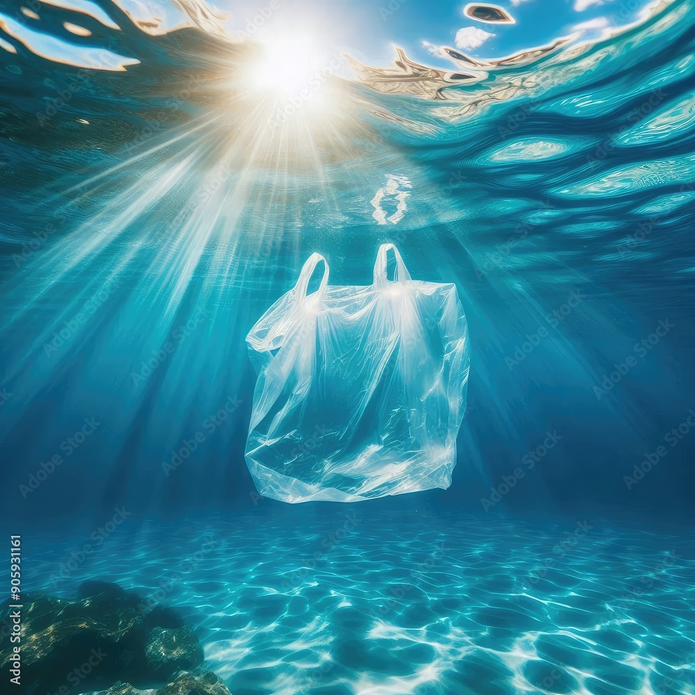Underwater Plastic pollution old plastic bag floating in the tropical ...
