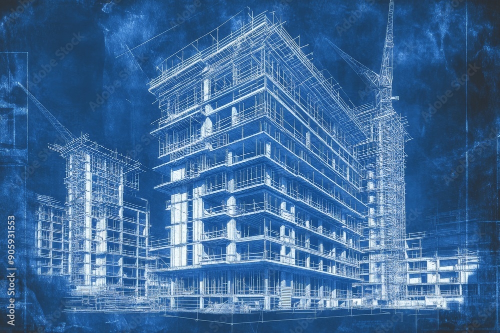 Detailed blueprint construction plan of a multi-story building, with elevations and floor plans, set against a background of construction site photographs Detailed blueprint construction plan of a multi-story building, with elevations and floor plans, set against a background of construction site photographs