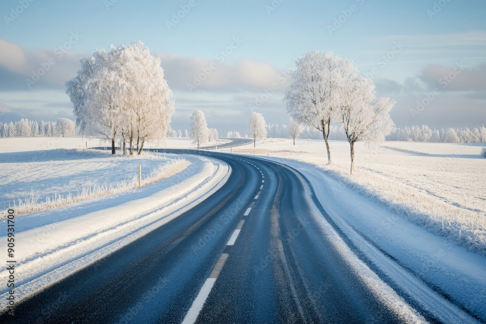 Empty highway leading through a snowy winter landscape, with trees and fields blanketed in white, capturing the serenity and quiet of winter travel Empty highway leading through a snowy winter landscape, with trees and fields blanketed in white, capturing the serenity and quiet of winter travel