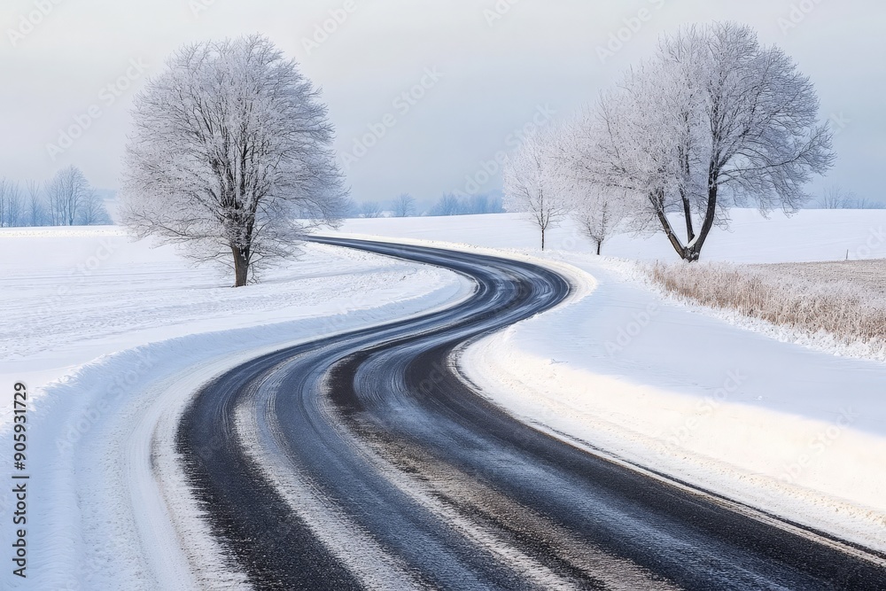 Empty highway leading through a snowy winter landscape, with trees and fields blanketed in white, capturing the serenity and quiet of winter travel Empty highway leading through a snowy winter landscape, with trees and fields blanketed in white, capturing the serenity and quiet of winter travel