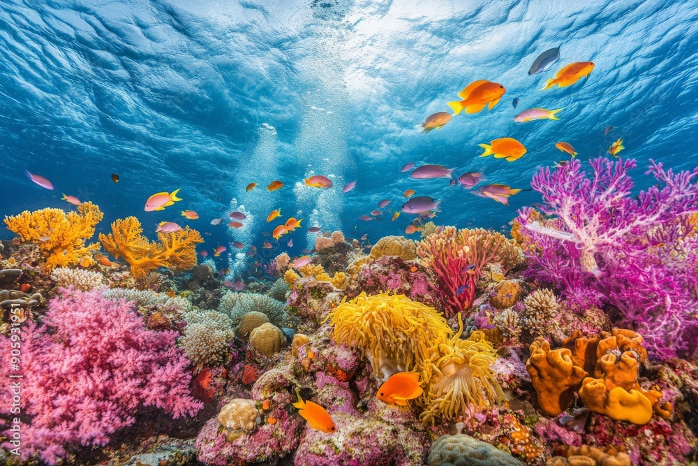 Naklejka premium Healthy coral reef ecosystem, teeming with marine life