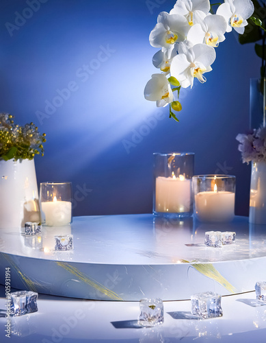 White Orchid with Candles and Ice Cubes on a White Platform