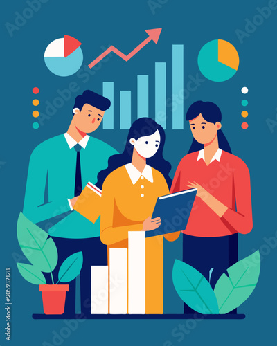 A team of economists studying past data to predict future economic trends.. Vector illustration