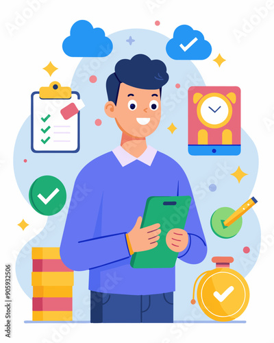 A student budgeting and hitting savings goals with the help of a roundup app.. Vector illustration