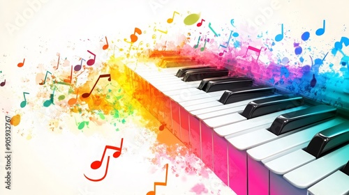 Piano keys and music notes in bright, vivid colors arranged on a white background, highlighting the beauty and diversity of musical expression and instrumentation 