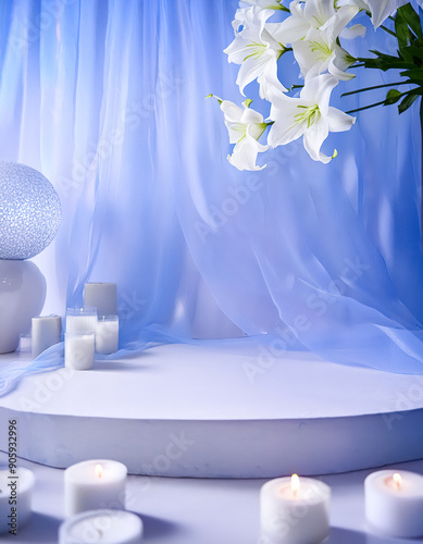 White Candles and Lilies with Blue Background