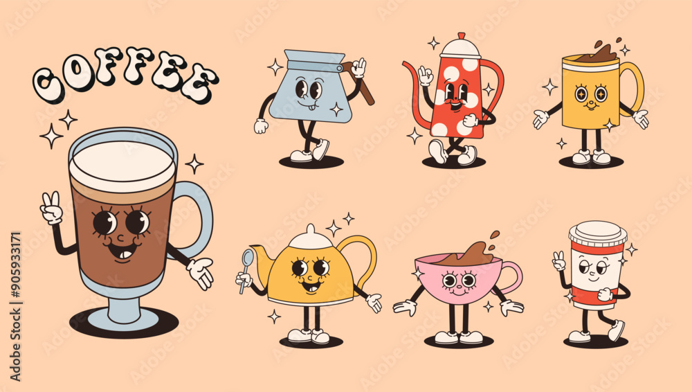 Set of retro groovy characters. Image of a cup of coffee, chocolate, cappuccino, glass, teapot. Vector flat illustration.