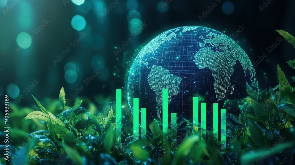 Naklejka premium Globe with green leaves overlay, bar chart showing environmental impact, digital art, blue and green hues, ecofriendly theme, HD quality
