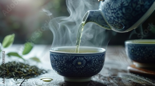 A close-up image of a traditional tea ceremony, featuring a steaming cup of green tea being poured from a delicate porcelain teapot.  The image evokes concepts of relaxation, tranquility, culture, tra photo