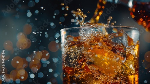 A close-up of a glass of cola with ice cubes, a splash of liquid, and a bokeh background, representing refreshment, celebration, enjoyment, indulgence, and thirst-quenching.