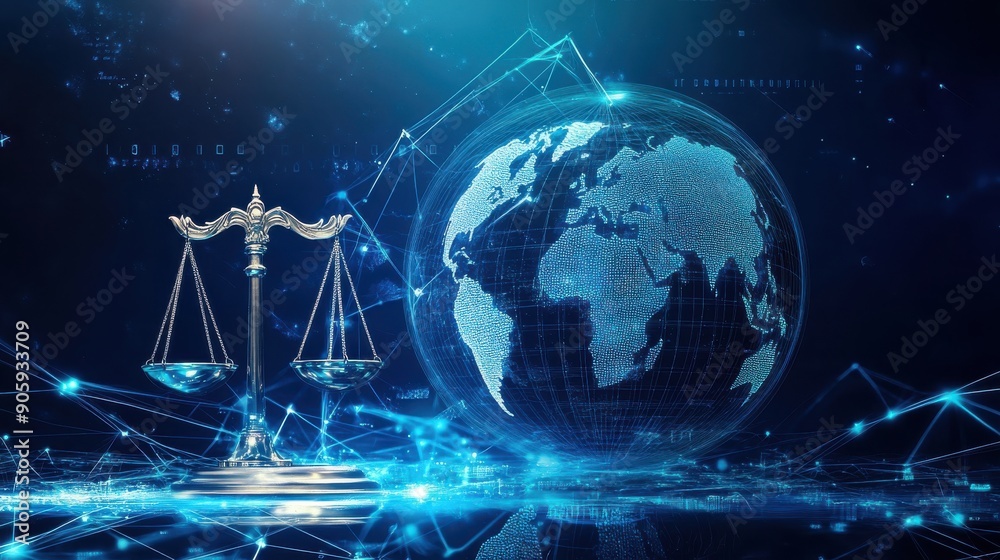 Scales of justice and gavel symbolizing international policies, digital globe with connection lines, blue and silver color scheme, futuristic visual Scales of justice and gavel symbolizing international policies, digital globe with connection lines, blue and silver color scheme, futuristic visual