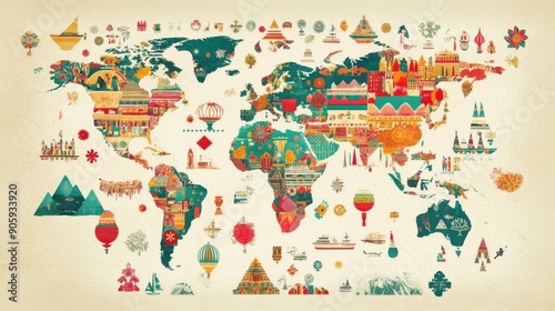 Global map adorned with traditional cultural symbols, representing worldwide heritage, colorful digital illustration, HD quality