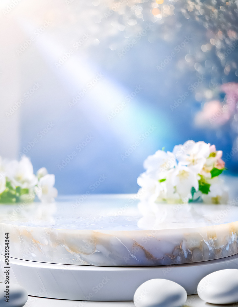White marble podium with white flowers and soft light White marble podium with white flowers and soft light