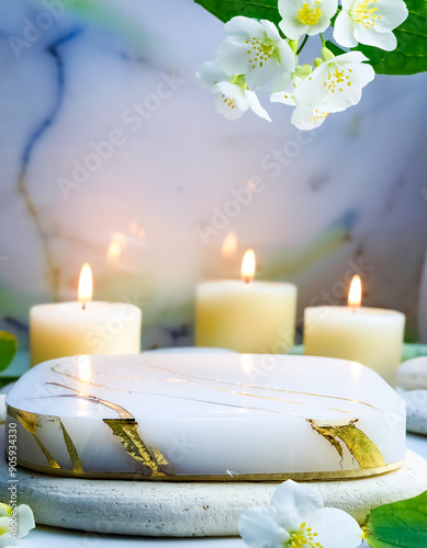 White Marble Pedestal With Burning Candles and Jasmine Flowers