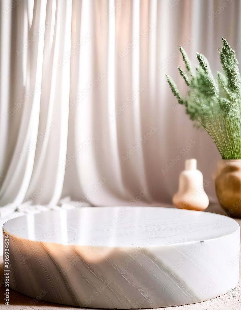 White marble podium with green plant and white curtains