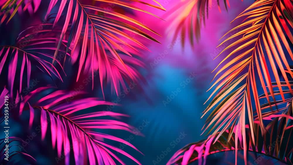 Colorful tropical palm leaves with neon lighting, vibrant background. Exotic nature and modern art concept