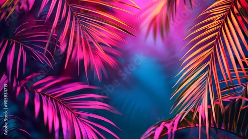 Colorful tropical palm leaves with neon lighting, vibrant background. Exotic nature and modern art concept