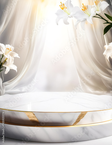 Minimalist White Marble Podium with Golden Accents and White Lilies