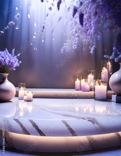 Marble Platform with Candles and Lavender Flowers