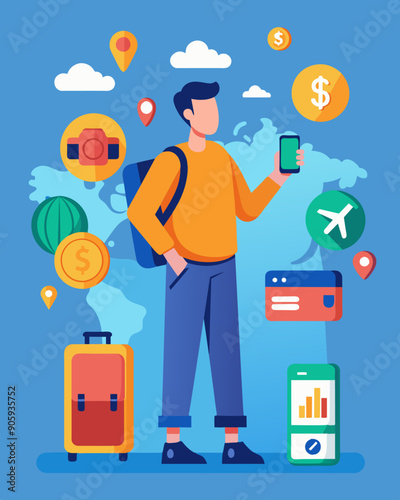 A traveler relies on digital payments to keep track of currency conversions and spending while exploring different countries.. Vector illustration