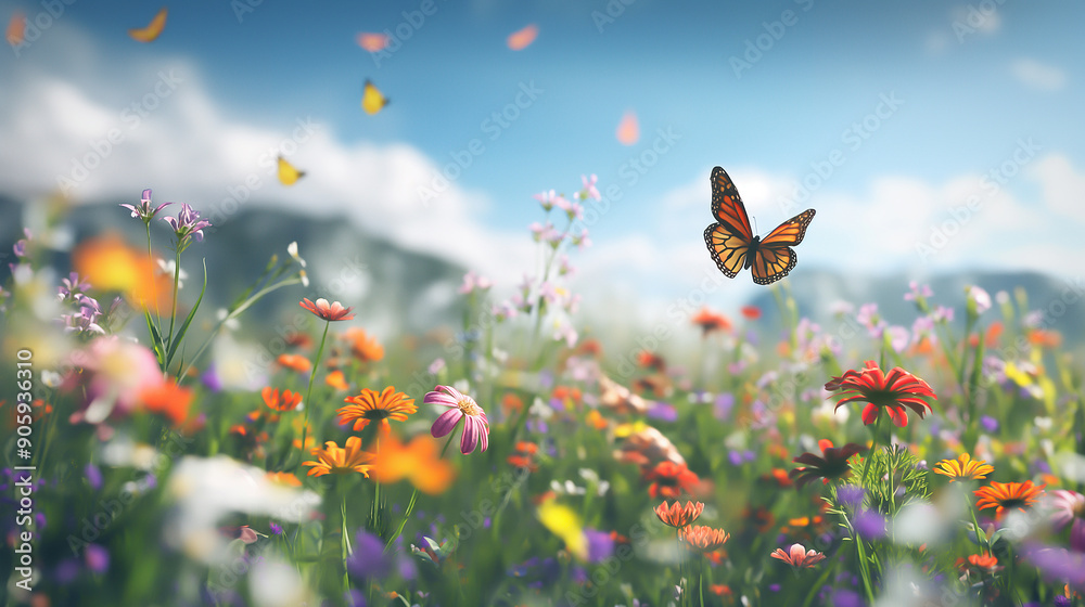 a blooming wildflower meadow, butterfly in flight a blooming wildflower meadow, butterfly in flight