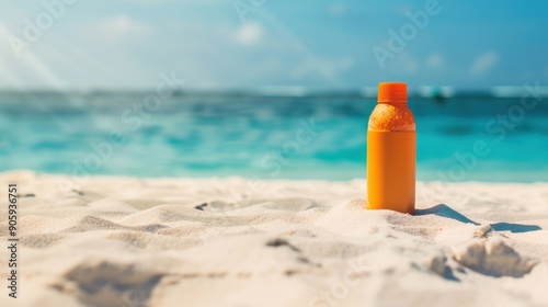 A vibrant sunscreen bottle stands on the sand, ready for use under the sun at a beautiful tropical beach