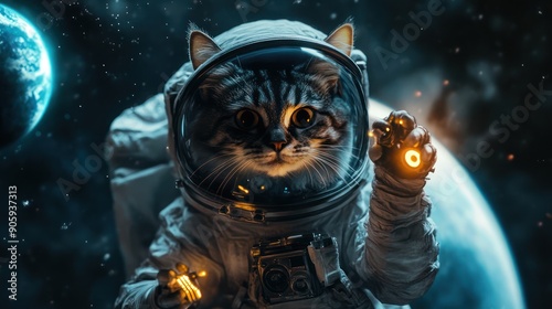 A Cat in a Spacesuit Holding a Light Source in Space photo