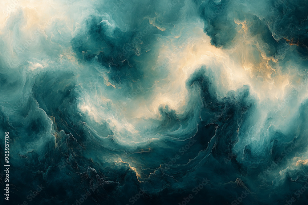 abstract artwork features a swirling cloudscape in shades of teal, blue, and white, with hints of golden light breaking through. abstract artwork features a swirling cloudscape in shades of teal, blue, and white, with hints of golden light breaking through.