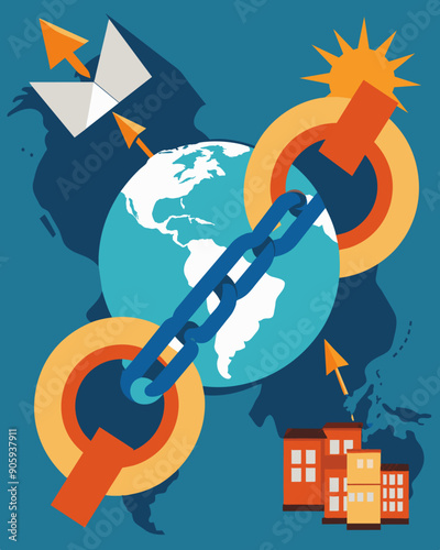 A visual of a broken chain representing the breakdown of supply chains and trade routes as a result of a local economic crisis.. Vector illustration