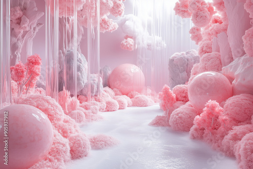 A surreal and enchanting fantasy forest with a predominantly pink color palette.