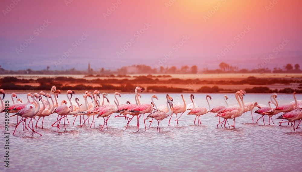 Naklejka premium Birds Pink Flamingos Walk on the Lake at the Pink Sunset in Cyprus, Beautiful Romantic Concept with a Place for Text, Journey to the South, Love and the Pink Dream, Pink Lake