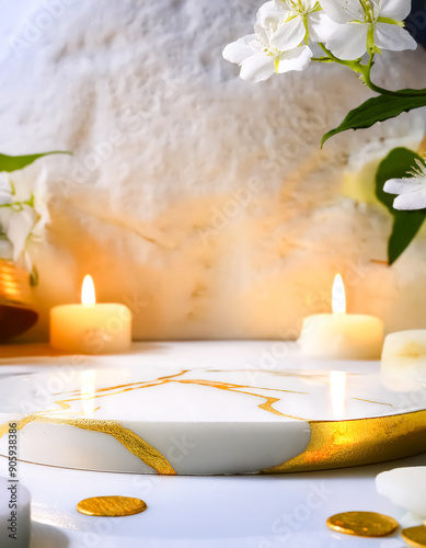 White Marble Pedestal With Gold Accents and Candles