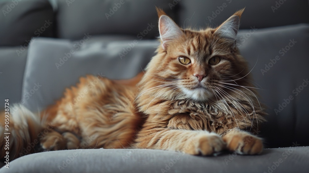 A majestic Maine Coon cat with soft orange fur is lying on a grey couch, showing its relaxed and playful nature. The cat's fluffy tail and large paws are prominent, symbolizing comfort, serenity, and A majestic Maine Coon cat with soft orange fur is lying on a grey couch, showing its relaxed and playful nature. The cat's fluffy tail and large paws are prominent, symbolizing comfort, serenity, and