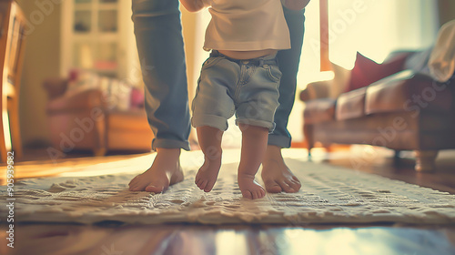 a child's first steps, parents' joy captured, home setting