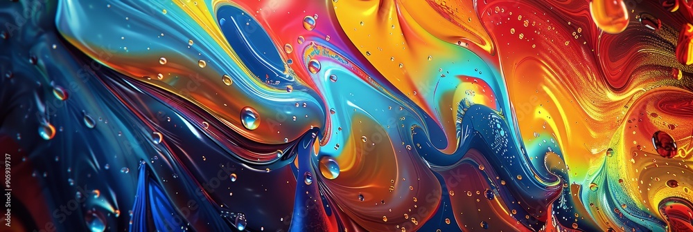 Fototapeta premium A mesmerizing abstract artwork featuring swirling colors of red, yellow, blue, and green. The colors blend seamlessly, creating a dynamic and fluid composition. Tiny bubbles are scattered throughout 