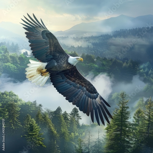 American bald eagle flying over beautiful autumn forest landscape. Wild bird with spread wings in flight photo