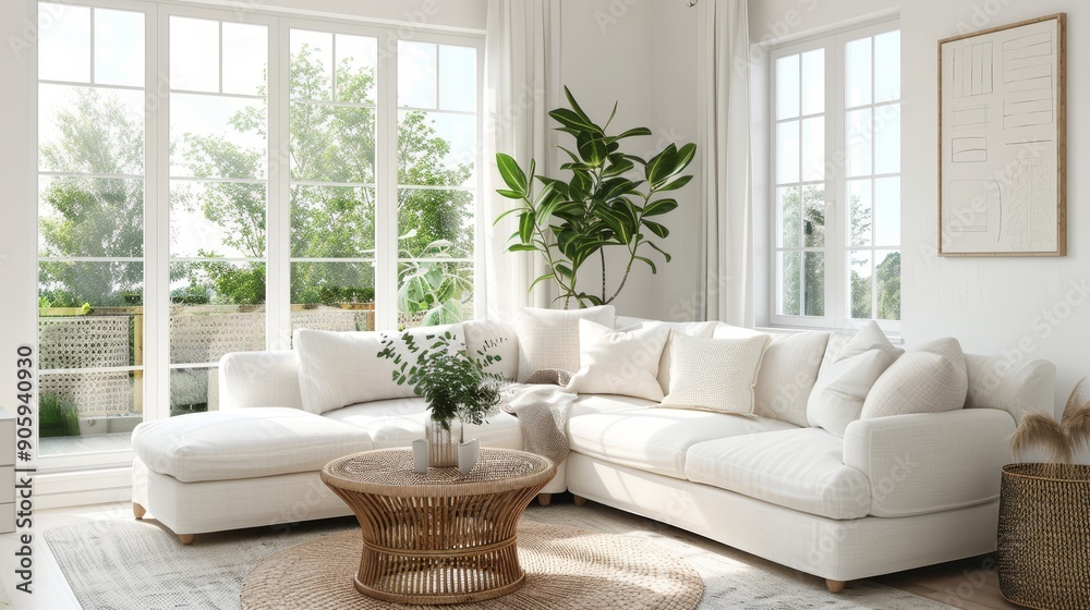 A modern white sectional sofa sits in a bright living room with large windows, showcasing a minimalist aesthetic and inviting natural light. The sofa is positioned on a neutral rug with a simple coffe A modern white sectional sofa sits in a bright living room with large windows, showcasing a minimalist aesthetic and inviting natural light. The sofa is positioned on a neutral rug with a simple coffe
