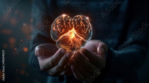 A person cradles a glowing, transparent brain in their hands, symbolizing intellect, potential, knowledge, and the limitless power of the mind.