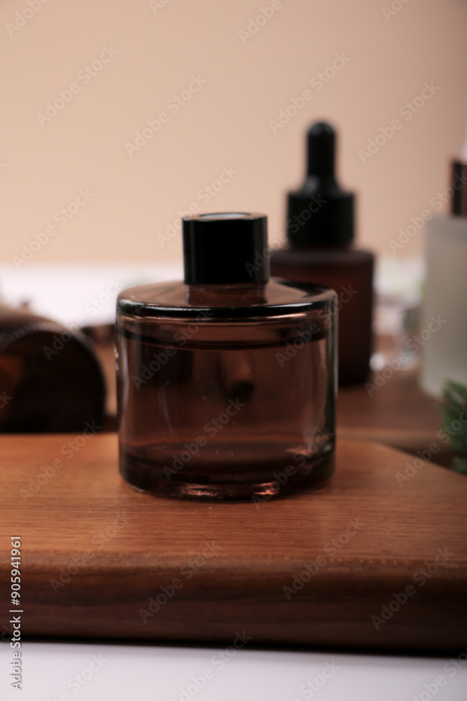 Amber Glass Jar on Wooden Surface for Skincare and Fragrance Product Mockup Amber Glass Jar on Wooden Surface for Skincare and Fragrance Product Mockup