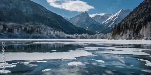 A beautiful image of a frozen lake and snow-covered mountains on a beautiful winter day 