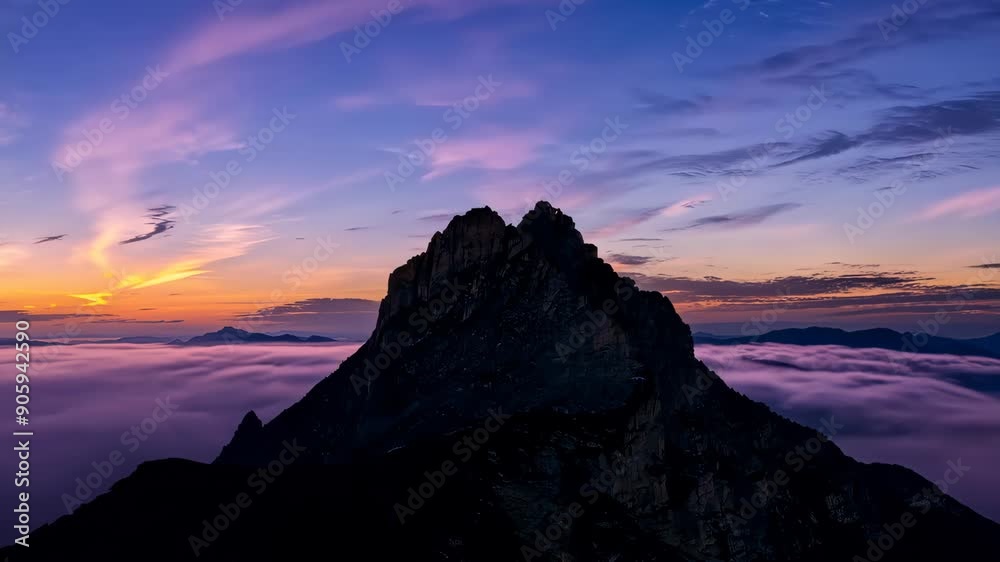 Mountain peak above clouds at sunrise, vibrant Mountain peak above clouds at sunrise, vibrant