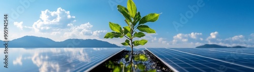 A green plant growing on solar panels, symbolizing renewable energy and sustainable development in a beautiful landscape.