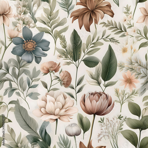seamless floral pattern.a seamless pattern background featuring a collection of vintage botanical illustrations with flowers and leaves in muted colors, ideal for wallpaper or fabric design.