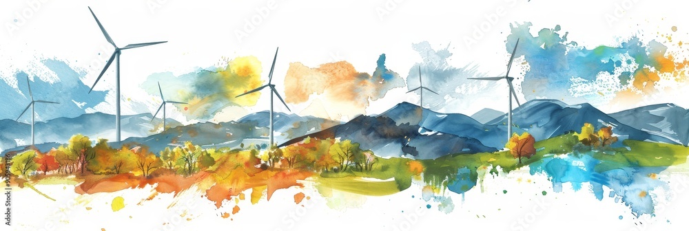A scenic watercolor illustration showcasing wind turbines standing tall against a backdrop of majestic mountains, symbolizing sustainable energy, nature's power, progress, harmony, and environmental a A scenic watercolor illustration showcasing wind turbines standing tall against a backdrop of majestic mountains, symbolizing sustainable energy, nature's power, progress, harmony, and environmental a