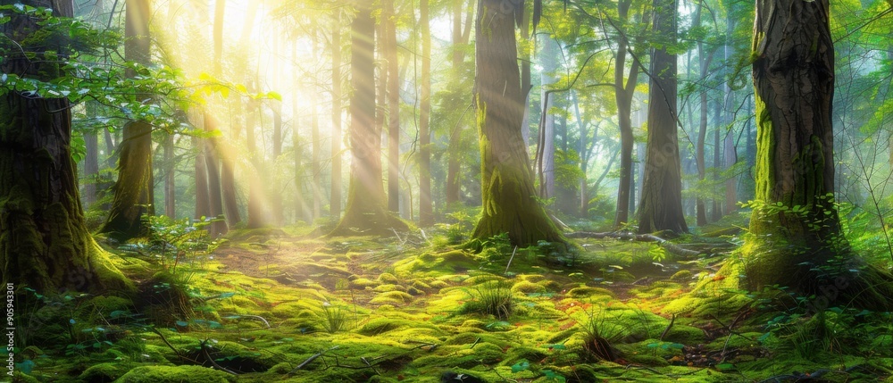 A serene forest scene with sunlight streaming through the tall trees, illuminating the lush, moss-covered forest floor. A serene forest scene with sunlight streaming through the tall trees, illuminating the lush, moss-covered forest floor.